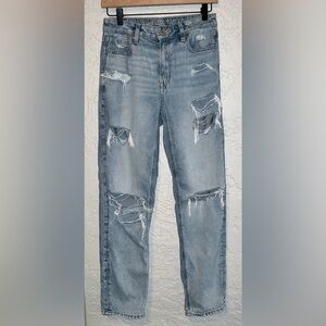 Distressed Light Blue Mom Straight Jeans